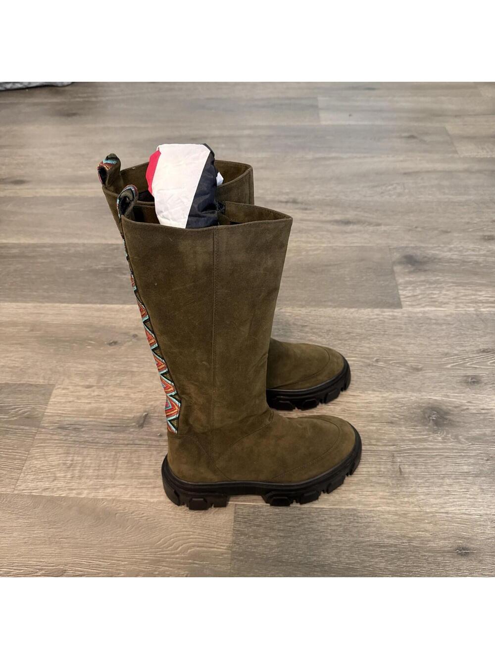 NWOB $285 Farm Rio Suede Tall Shaft Lug Boots In Green Sz 8